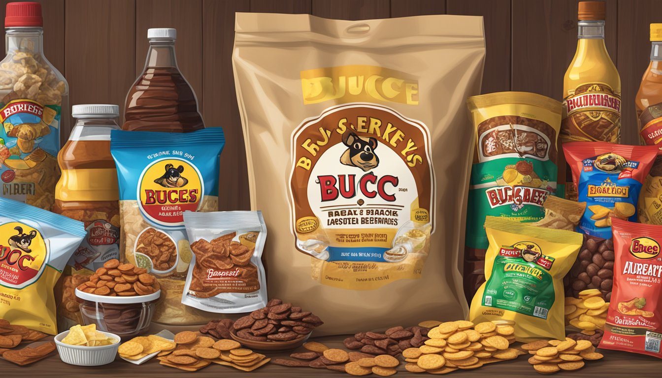 A bag of Buc-ee's jerky sits next to a pile of assorted snacks and beverages, ready to be paired with other offerings