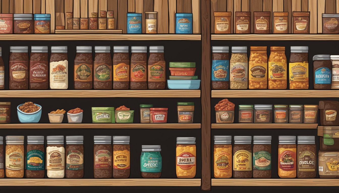 A rustic wooden pantry shelf filled with various flavors of Buc-ee's jerky, neatly organized in a row with labeled containers for preservation