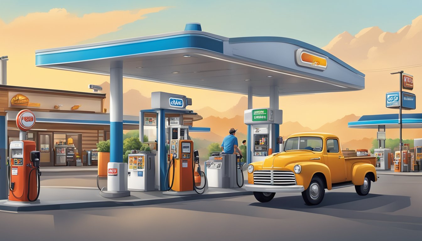 A bustling gas station with a clean, well-lit store, outdoor seating, and a large, iconic beaver mascot. Busy fuel pumps and a steady flow of customers