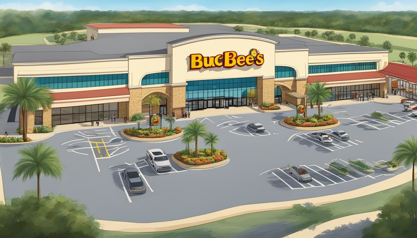 A sprawling Buc-ee's store in Florida, featuring a grand entrance, palm trees, and a modern architectural design with a large parking lot