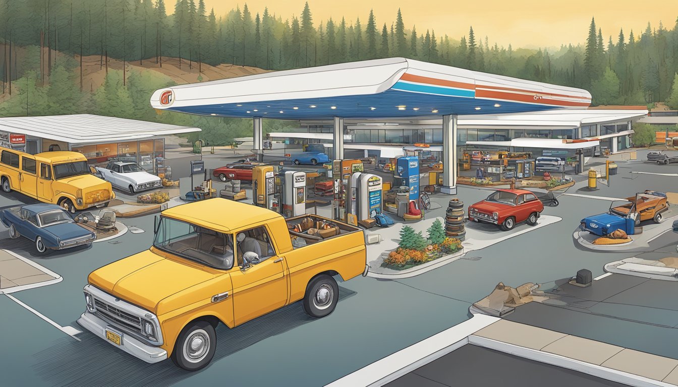 A bustling gas station with a large, iconic beaver mascot and a sprawling parking lot filled with cars and RVs