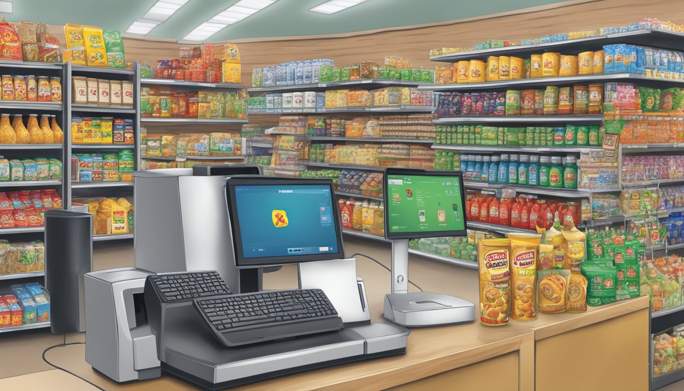 A customer clicks items on a computer screen, while a virtual shopping cart fills up with various Buc-ee's store products