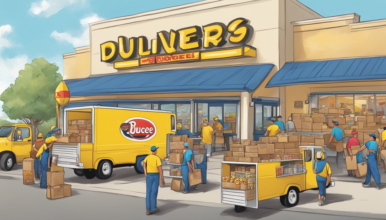 A delivery truck parked outside a bustling Buc-ee's store, with workers unloading packages and customers eagerly awaiting their online orders