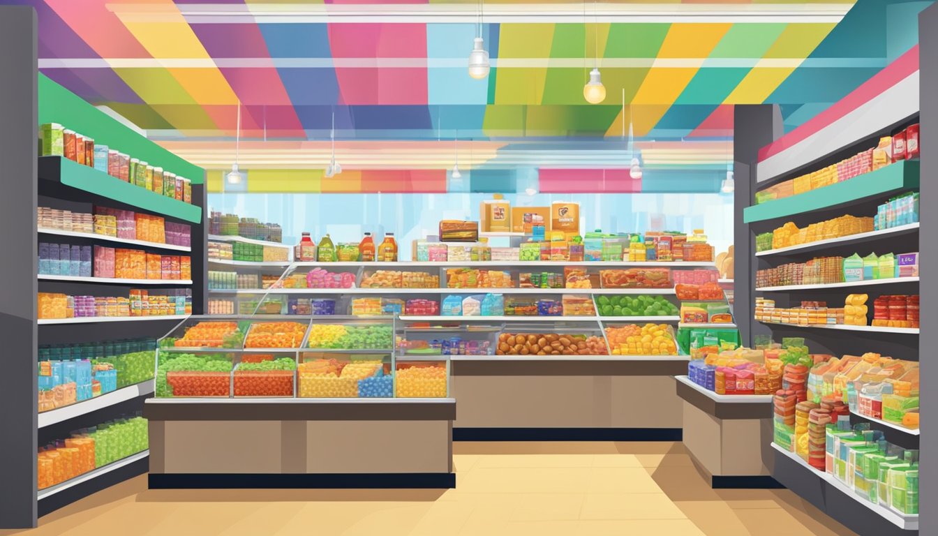 A bustling store with shelves of colorful snacks, drinks, and merchandise, with a prominent "Quality and Freshness" sign. Customers browse the wide selection of goods