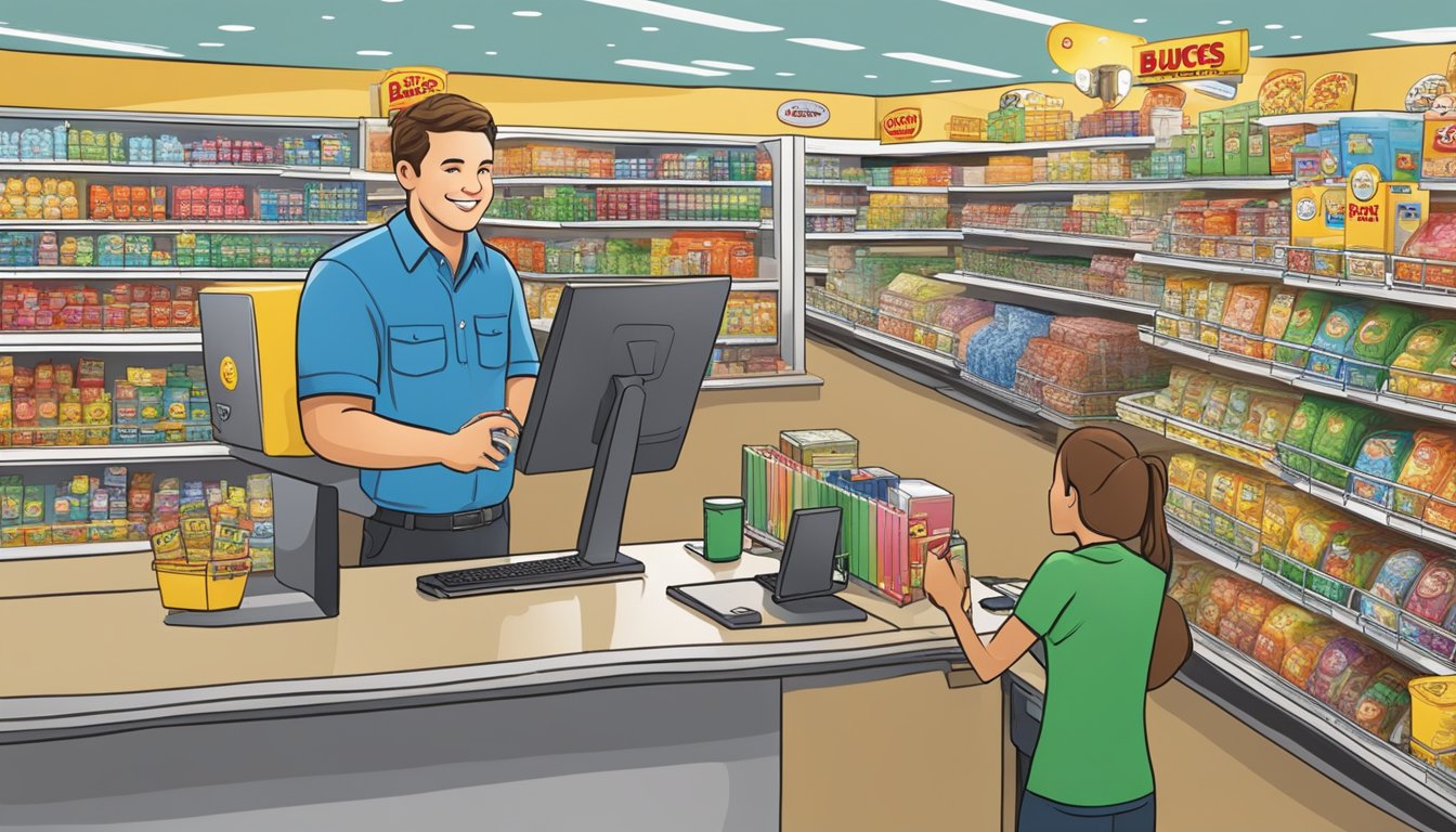 A customer service representative assists online shoppers at a bustling Buc-ee's store, surrounded by shelves of merchandise and a cheerful, welcoming atmosphere