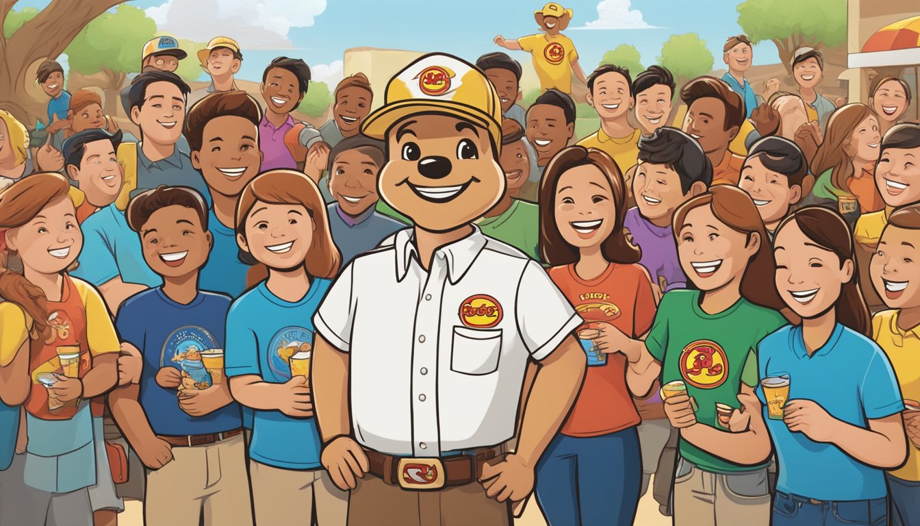 A person wearing a Buc-ee's shirt surrounded by a group of happy and loyal customers