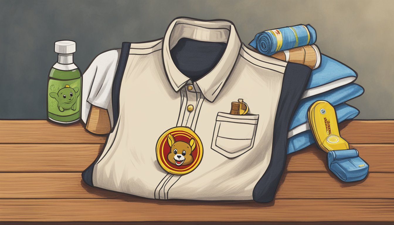 A Buc-ee's shirt neatly folded on a wooden dresser, with a bottle of fabric freshener and a lint roller nearby