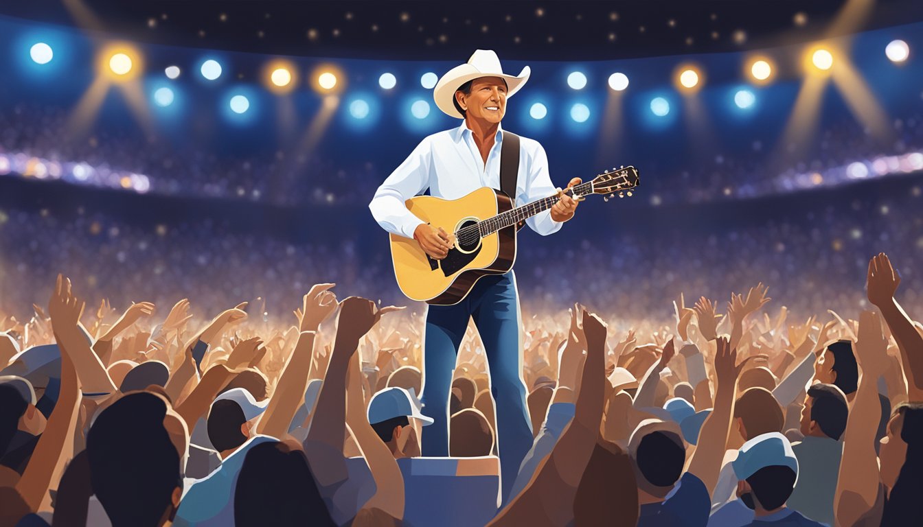 George Strait performing on stage with a guitar, surrounded by a cheering crowd and bright stage lights