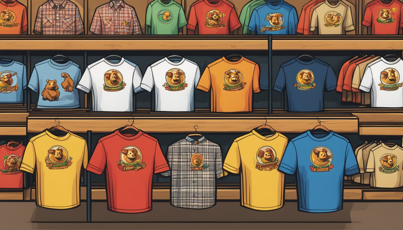 A row of colorful Buc-ee's shirts hanging on a display rack, with the iconic beaver logo prominently featured on each shirt