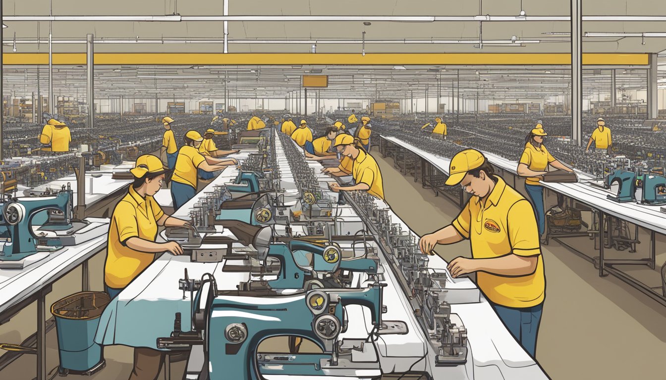 A bustling factory floor with rows of sewing machines and stacks of fabric, workers cutting and stitching Buc-ee's logo shirts