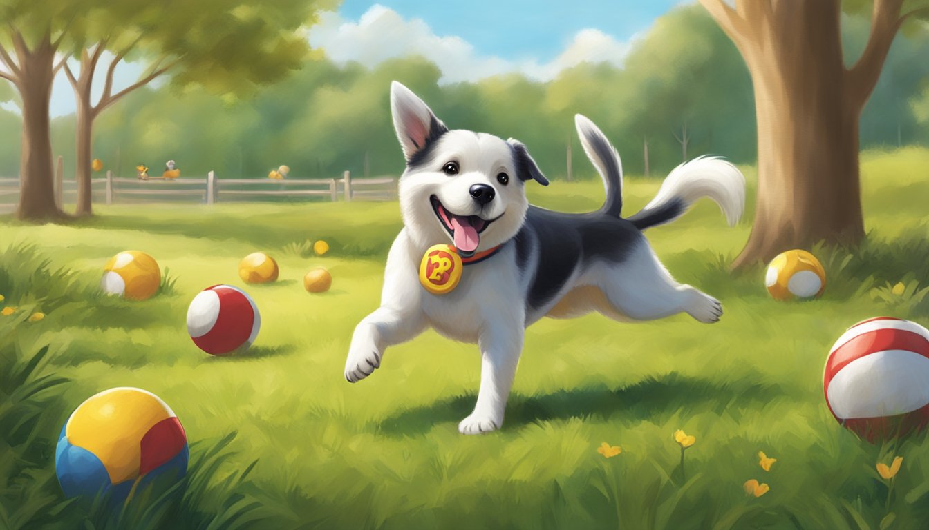 A happy dog playing with a Buc-ee's themed toy in a grassy park