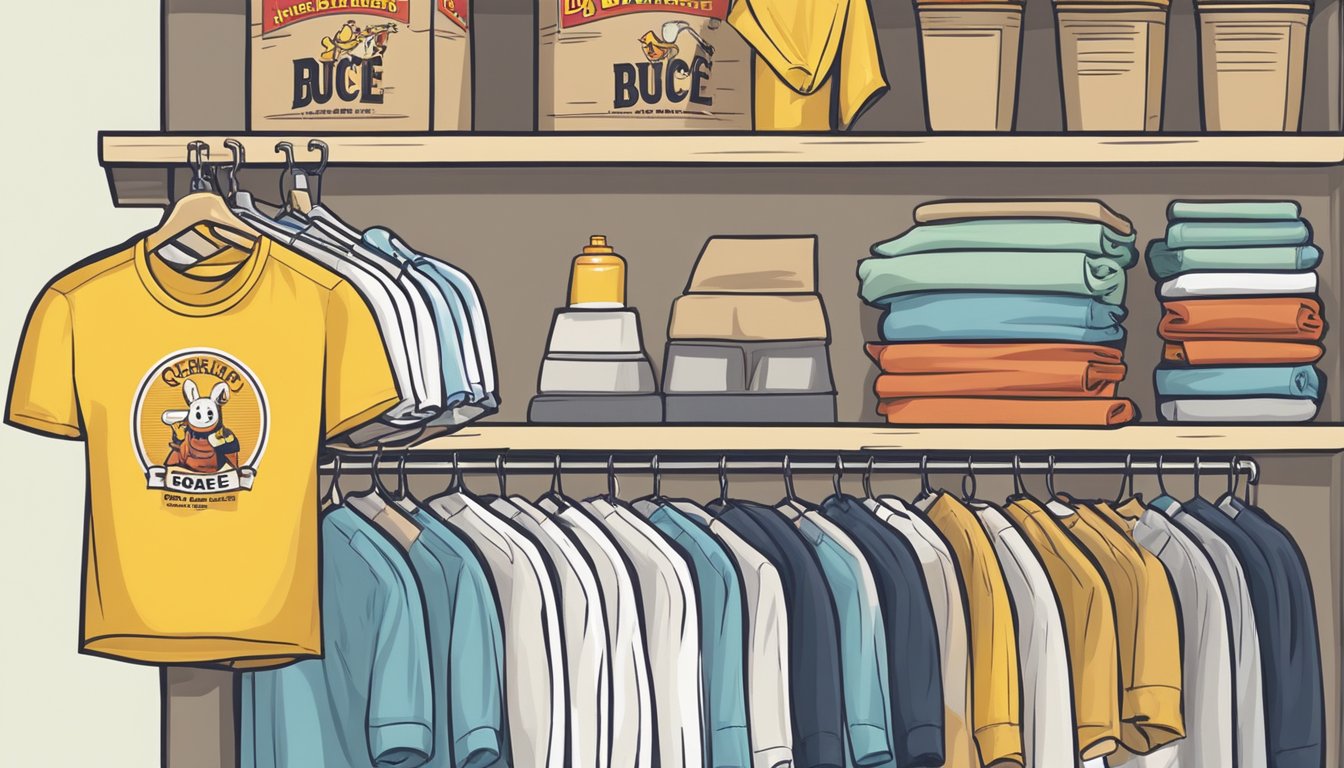 A stack of neatly folded Buc-ee's shirts on a shelf, surrounded by cleaning supplies and a care instruction tag