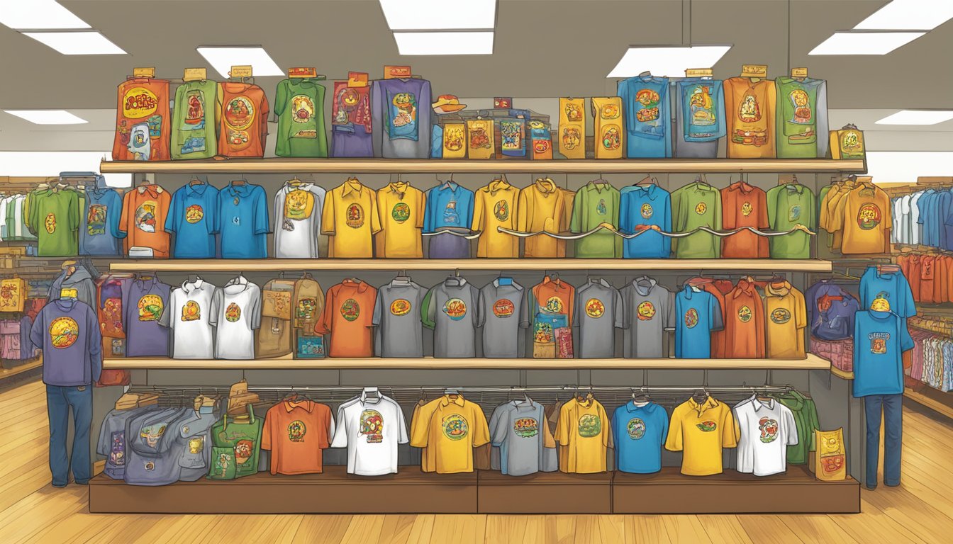 A colorful display of Buc-ee's shirts on racks with various customer experience themes