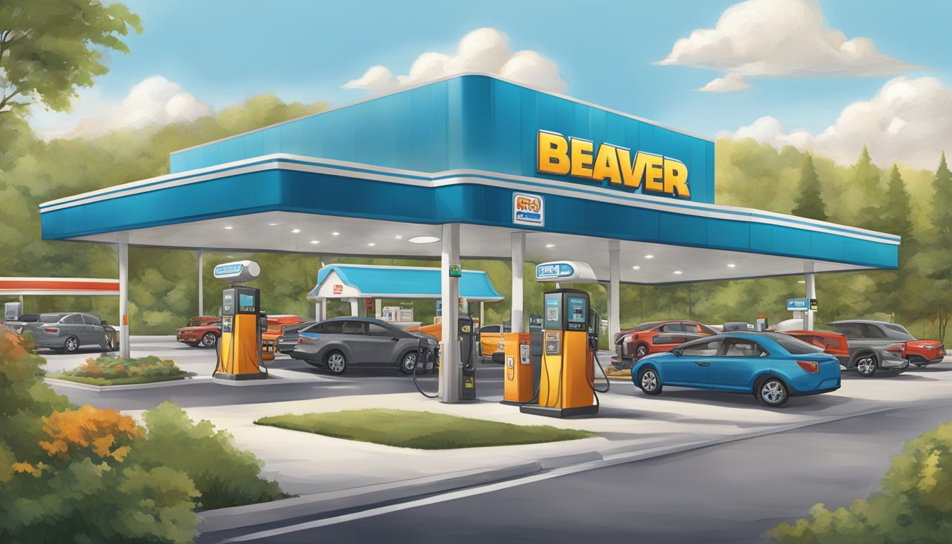 A bustling gas station with oversized beaver mascot, fuel pumps, and a large parking lot