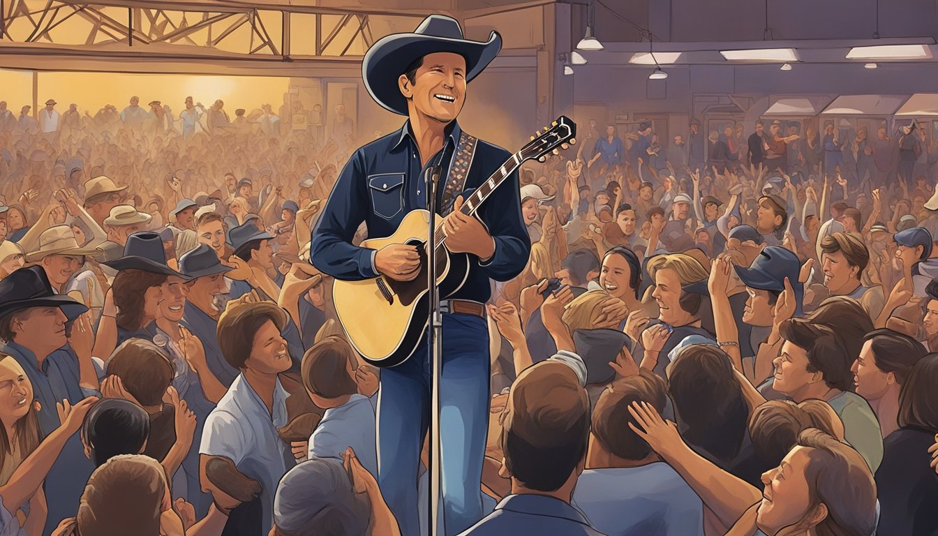 A young George Strait performs at a small Texas honky-tonk, surrounded by enthusiastic fans and a lively band