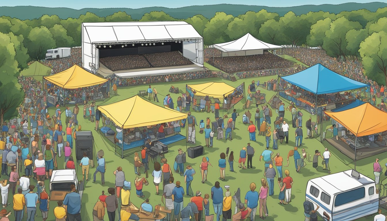 Crowds of fans flock to the outdoor concert venue, setting up tents and RVs in the surrounding fields. A stage is set with lights and speakers, ready for George Strait to perform