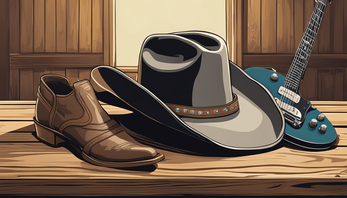 A cowboy hat on a wooden table, surrounded by a pair of well-worn boots and a guitar resting against a chair