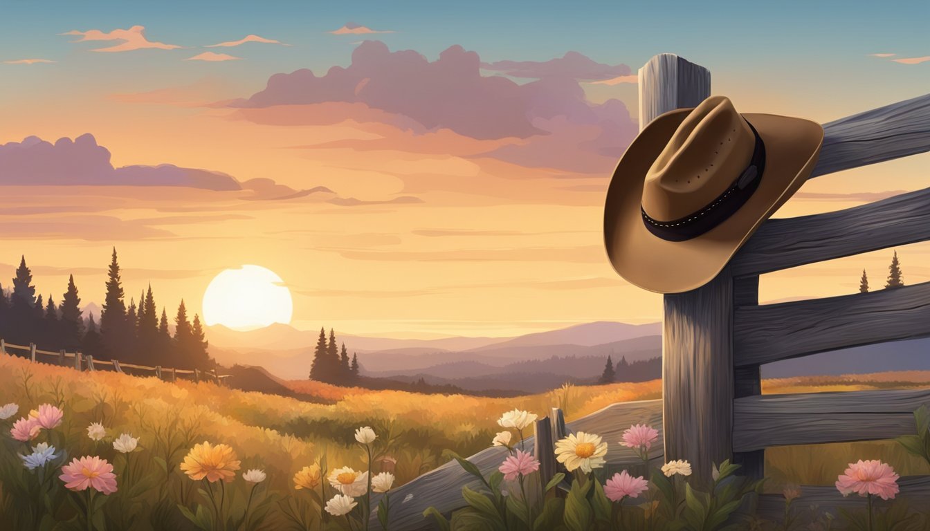 A cowboy hat resting on a weathered wooden fence, with a guitar leaning against it, surrounded by wildflowers and a distant sunset