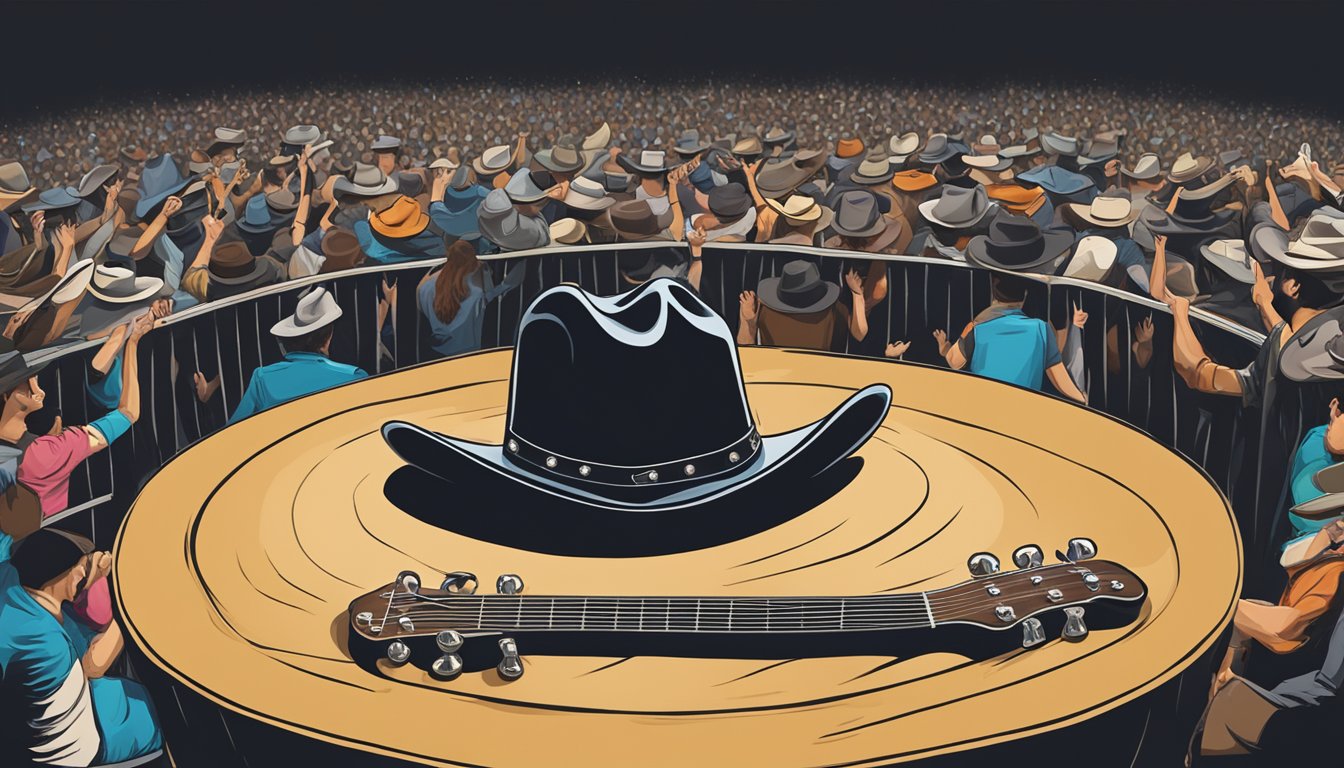 A cowboy hat on a stage, surrounded by a crowd of cheering fans with cowboy boots and guitars scattered around