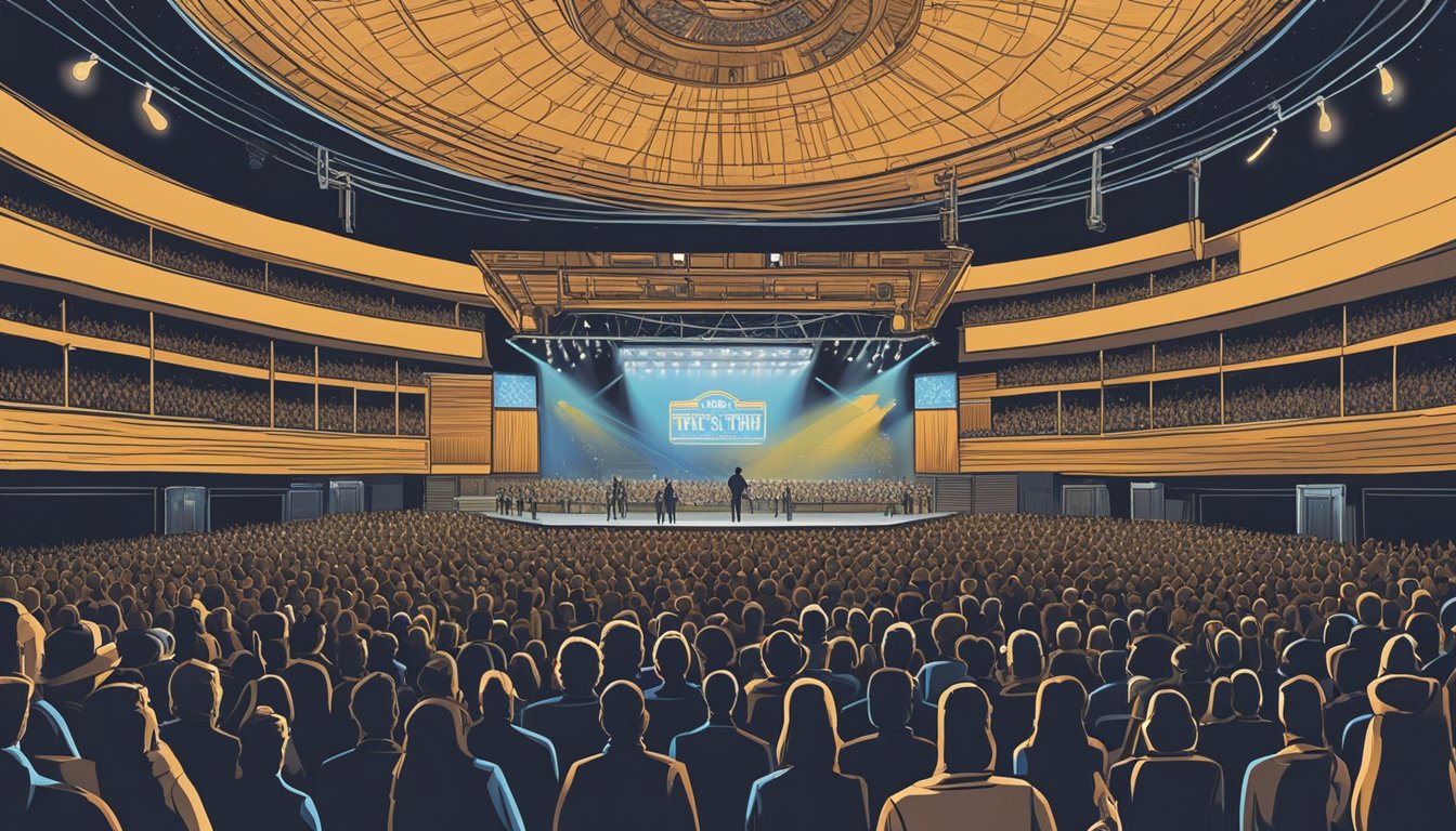 A crowded concert venue with a stage, lights, and a large screen displaying "George Strait on Tour" ticket information