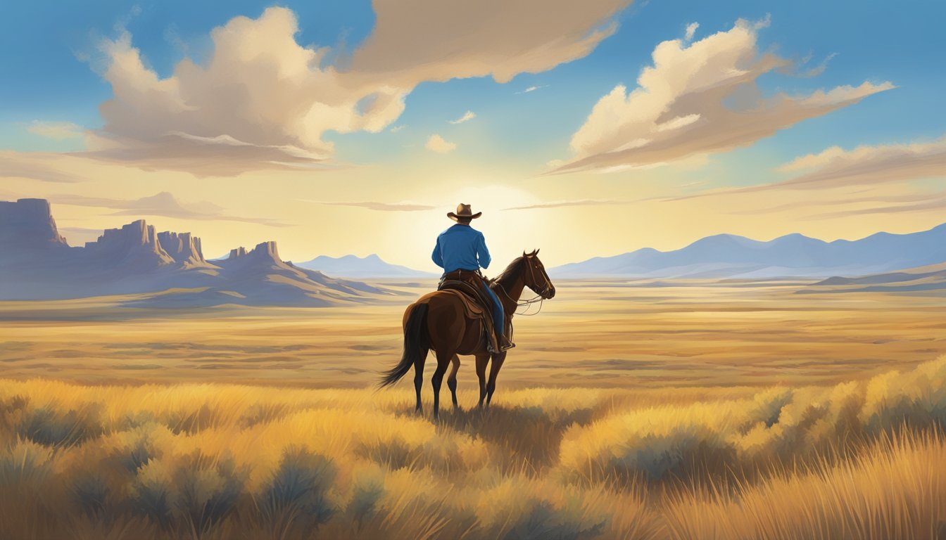 A lone cowboy rides through a vast, open prairie under a big, blue sky