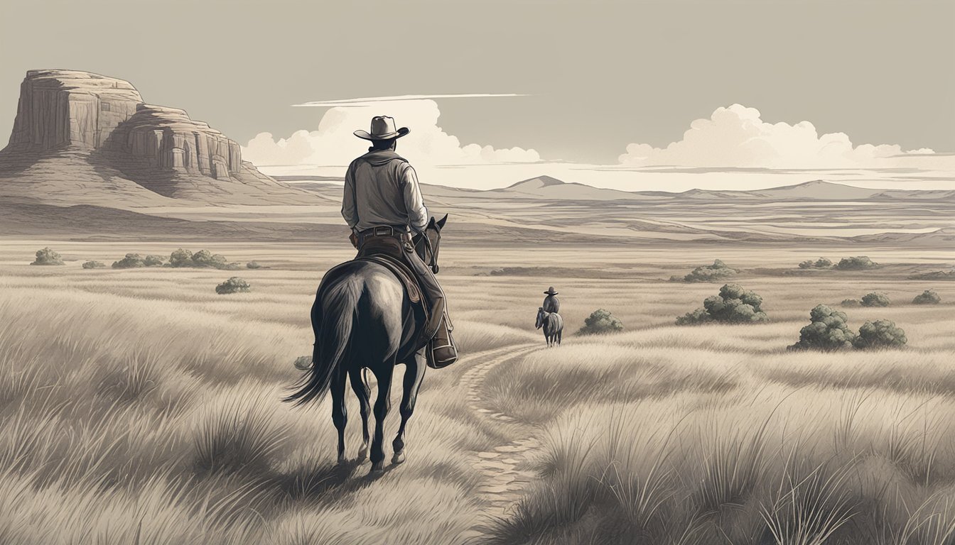 A lone cowboy rides through a vast, open prairie, with a guitar slung over his back and a determined look on his face