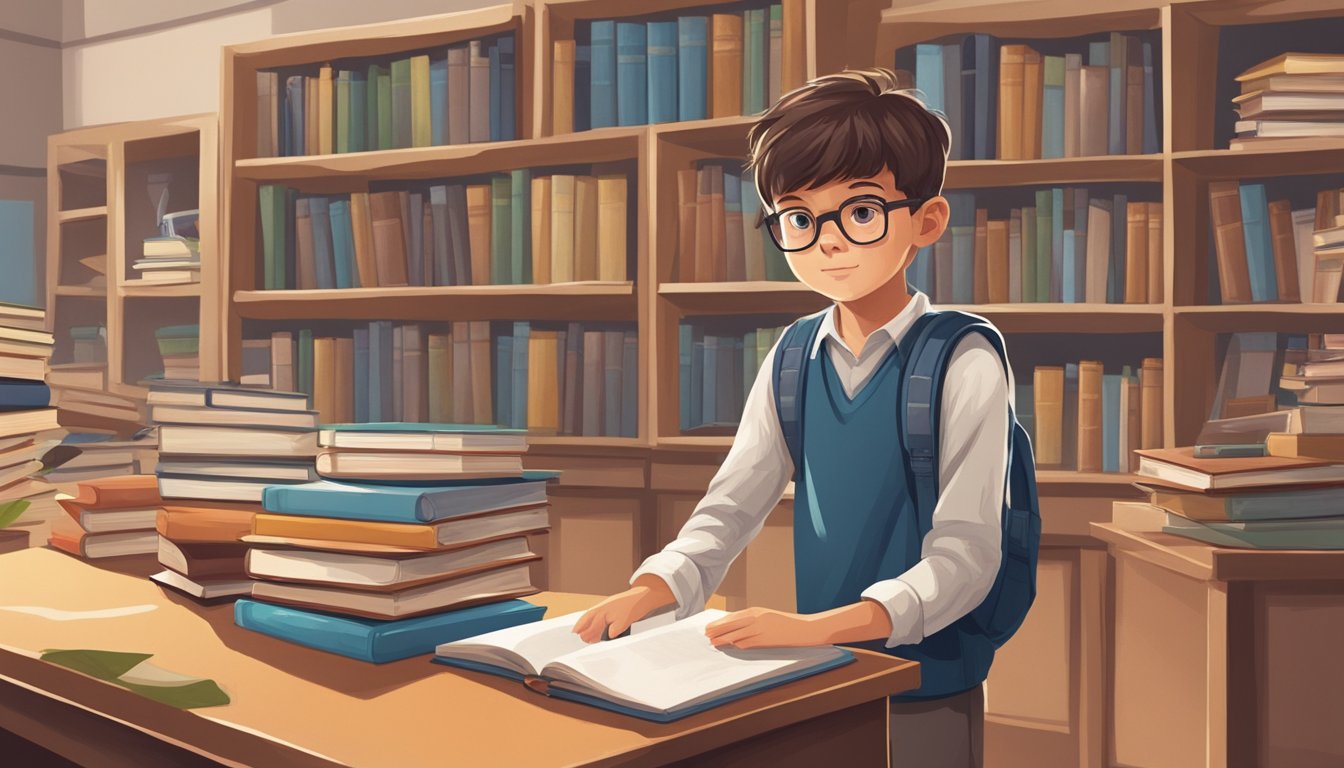 A young boy standing in a classroom, surrounded by books and learning materials, with a look of curiosity and determination on his face