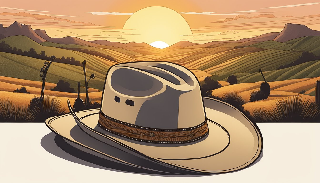 A cowboy hat rests on a microphone stand, surrounded by guitars and a stage backdrop of rolling hills and a setting sun