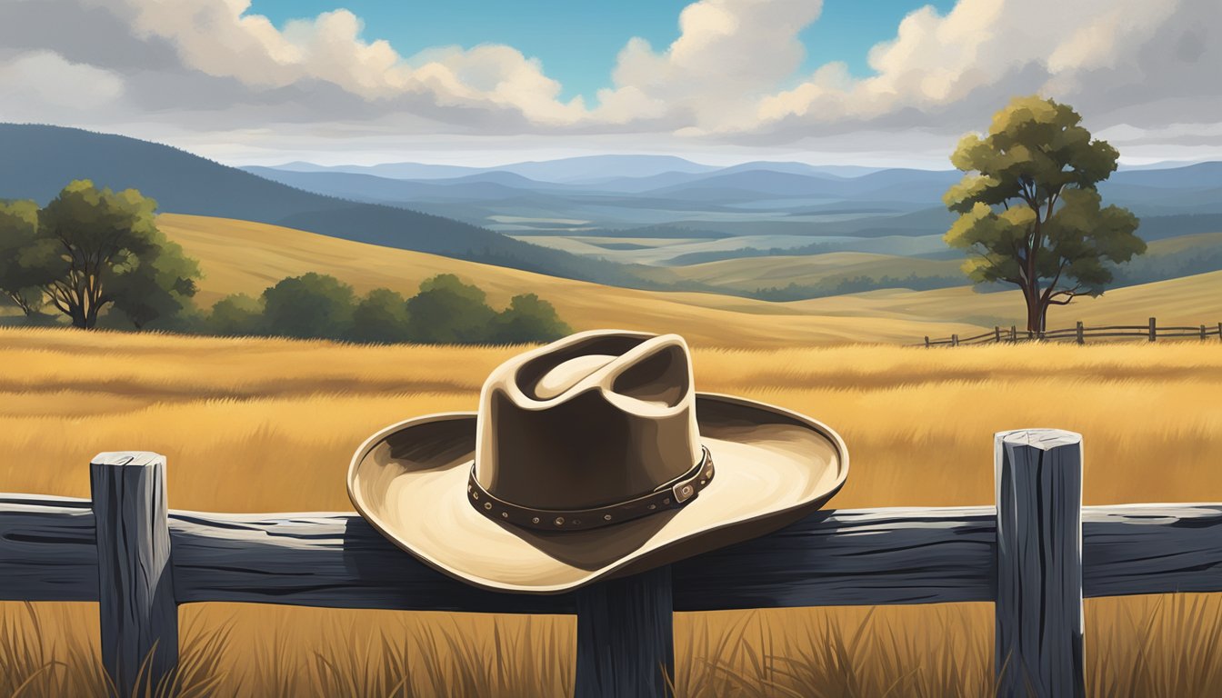 A lone cowboy hat rests on a weathered wooden fence post, surrounded by rolling hills and a vast expanse of open sky