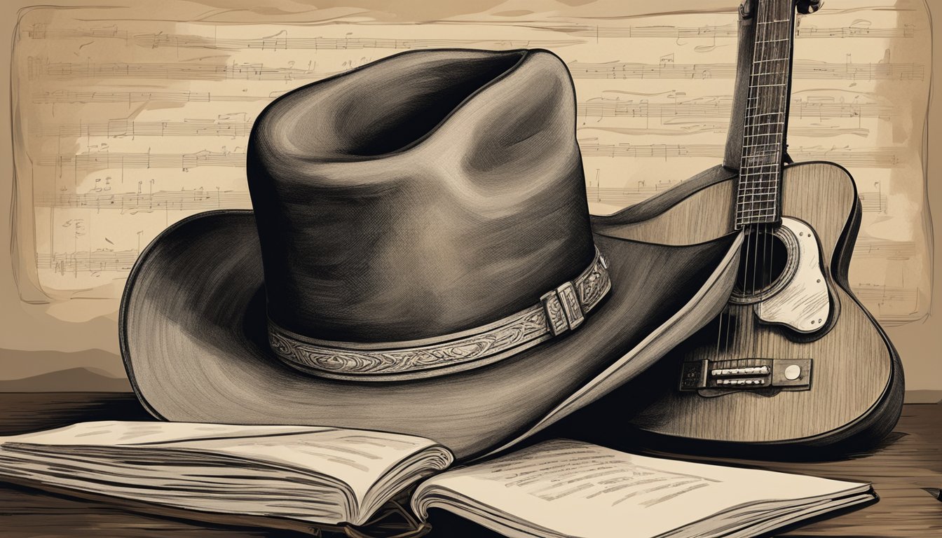 A cowboy hat rests on a weathered guitar, surrounded by a notebook filled with handwritten lyrics and a pen. A poster of George Strait hangs on the wall