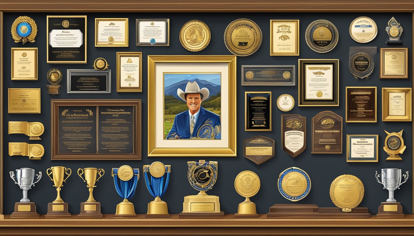 George Strait's awards and achievements displayed in a grand, ornate frame. Gold trophies and plaques line the walls, showcasing his success in the music industry