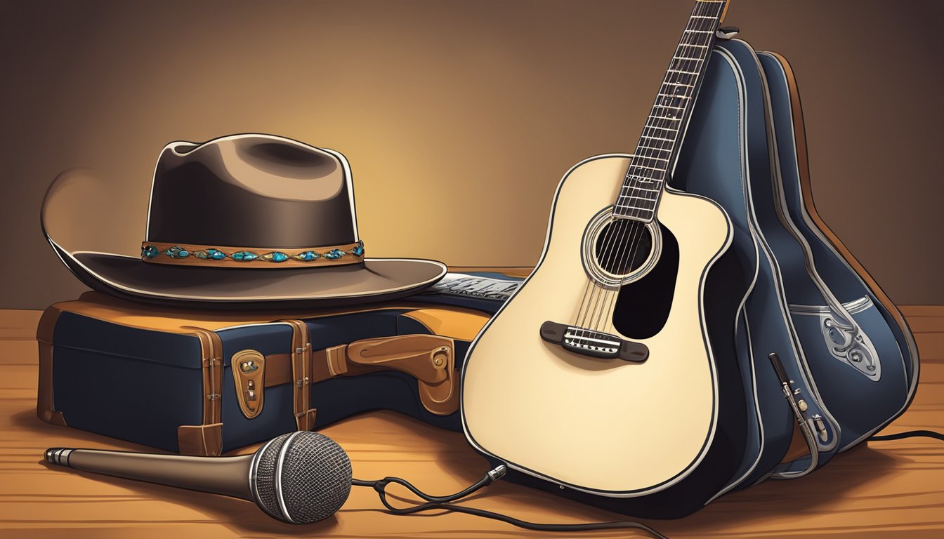 A cowboy hat resting on a guitar with a microphone stand nearby