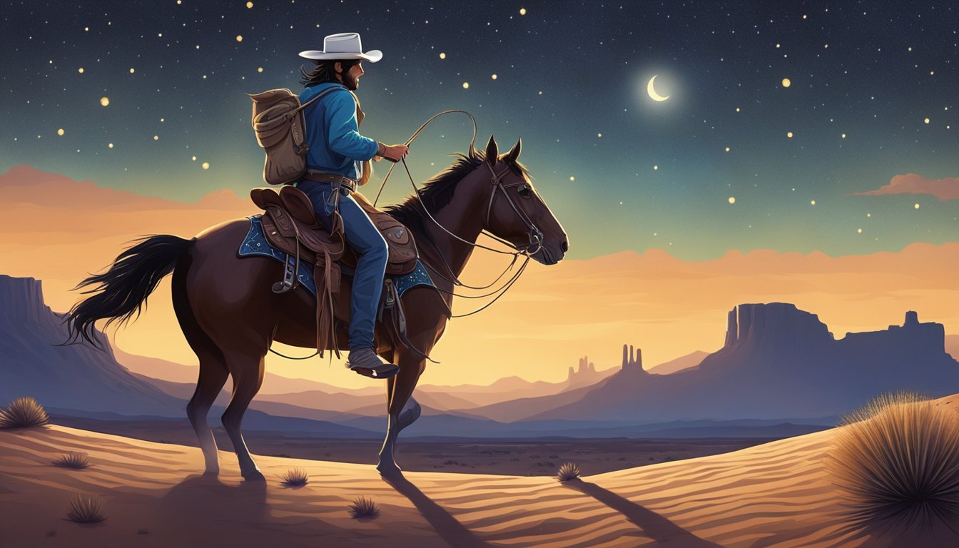 A lone cowboy riding through a vast desert landscape, with a guitar slung over his shoulder, under a starry sky