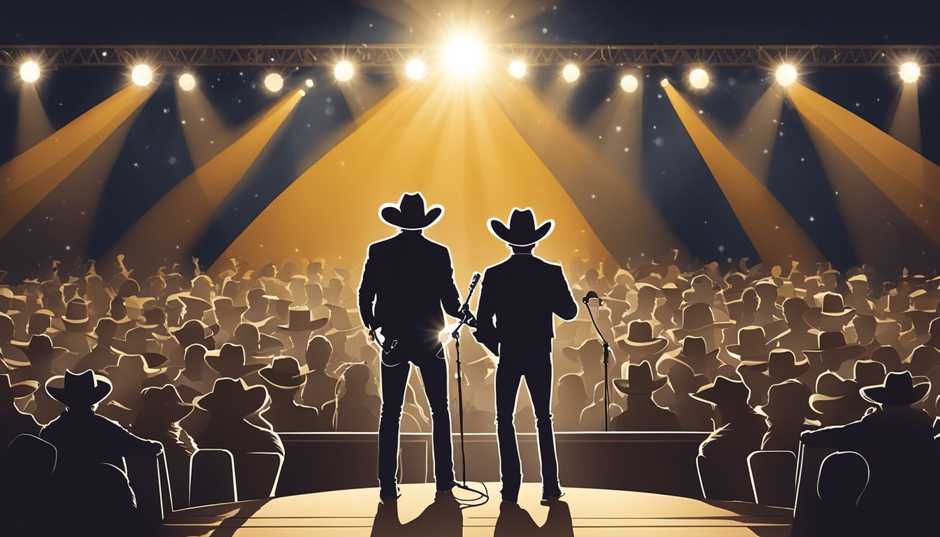 A country music concert with a spotlight on a cowboy hat