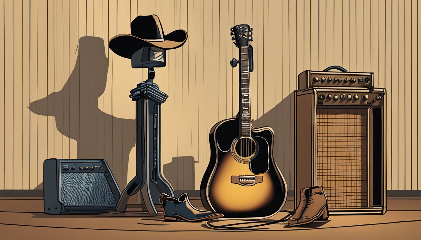 A lone microphone stands center stage, bathed in warm spotlight, as a guitar leans casually against the amp. Cowboy hat and boots rest nearby