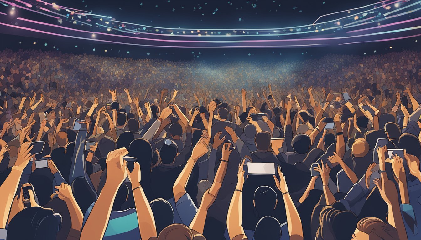 A crowded concert venue with stage lights and a large crowd of fans cheering and holding up signs