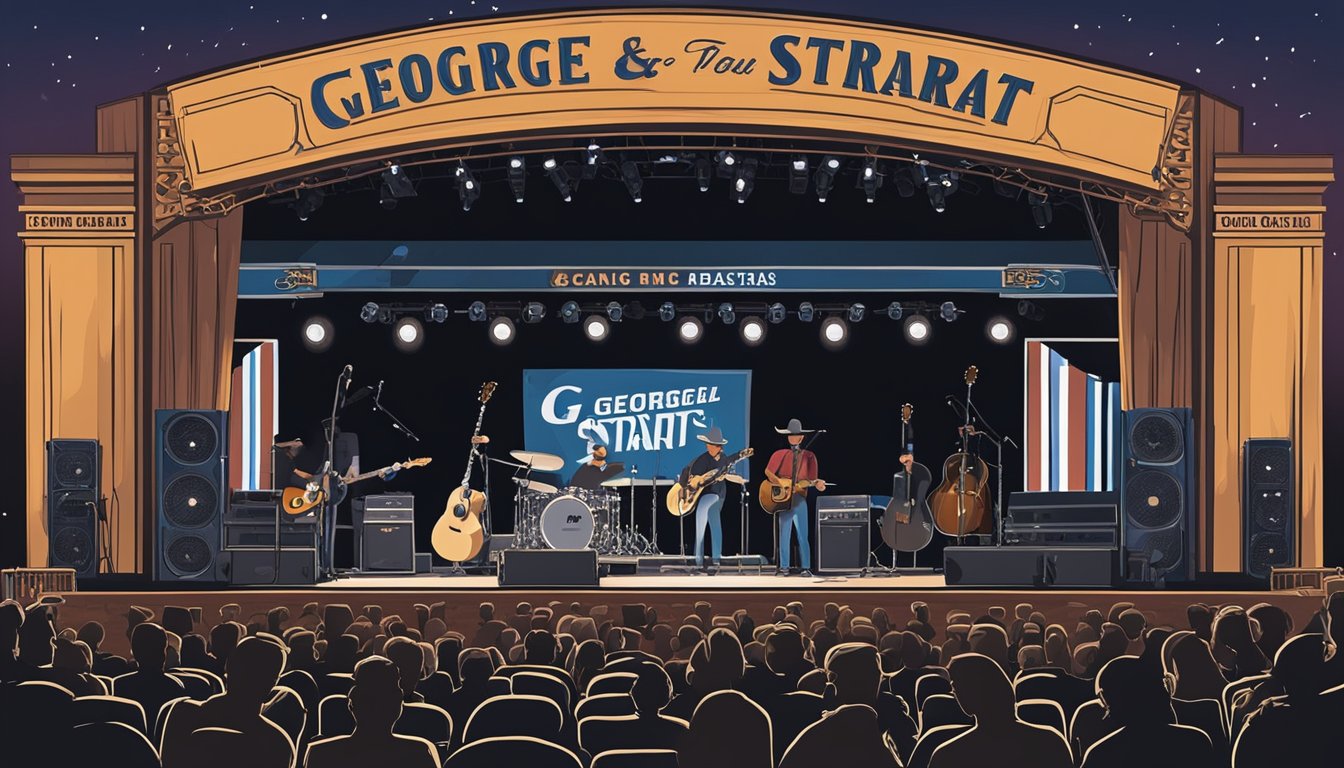 A stage set with musical instruments and microphones for a George Strait tour, with banners advertising special guests and collaborations