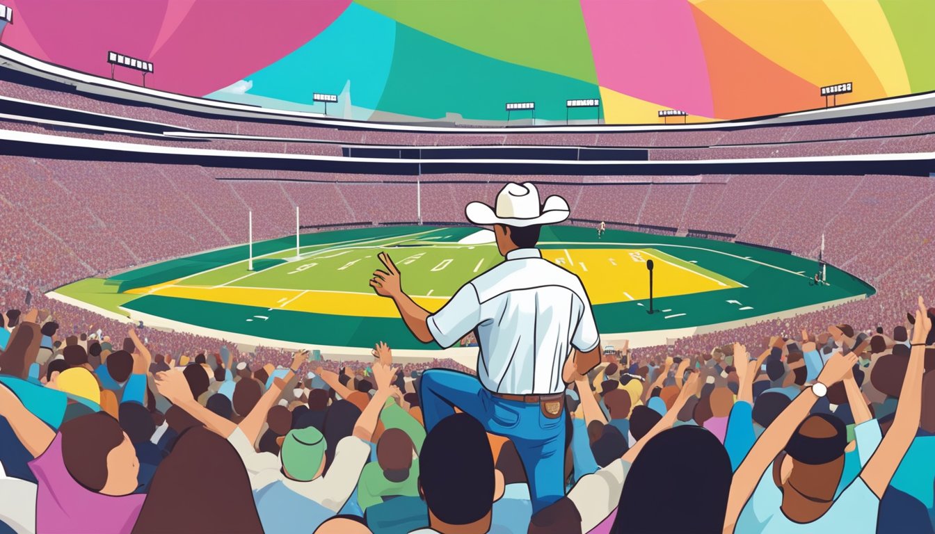 George Strait performing at Kyle Field for a philanthropic event, surrounded by a sea of cheering fans and colorful banners