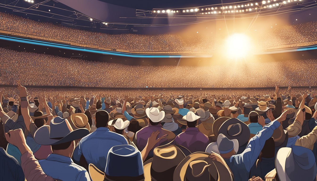 Excited fans fill an arena, waving cowboy hats and singing along as George Strait performs on stage under a spotlight