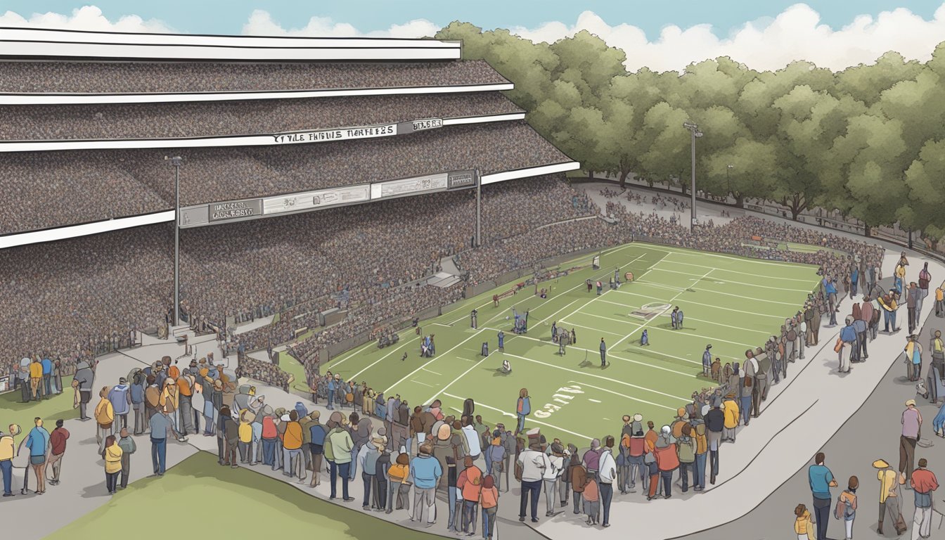 A crowded venue with a long line of people waiting to purchase tickets and gather tour information for George Strait at Kyle Field