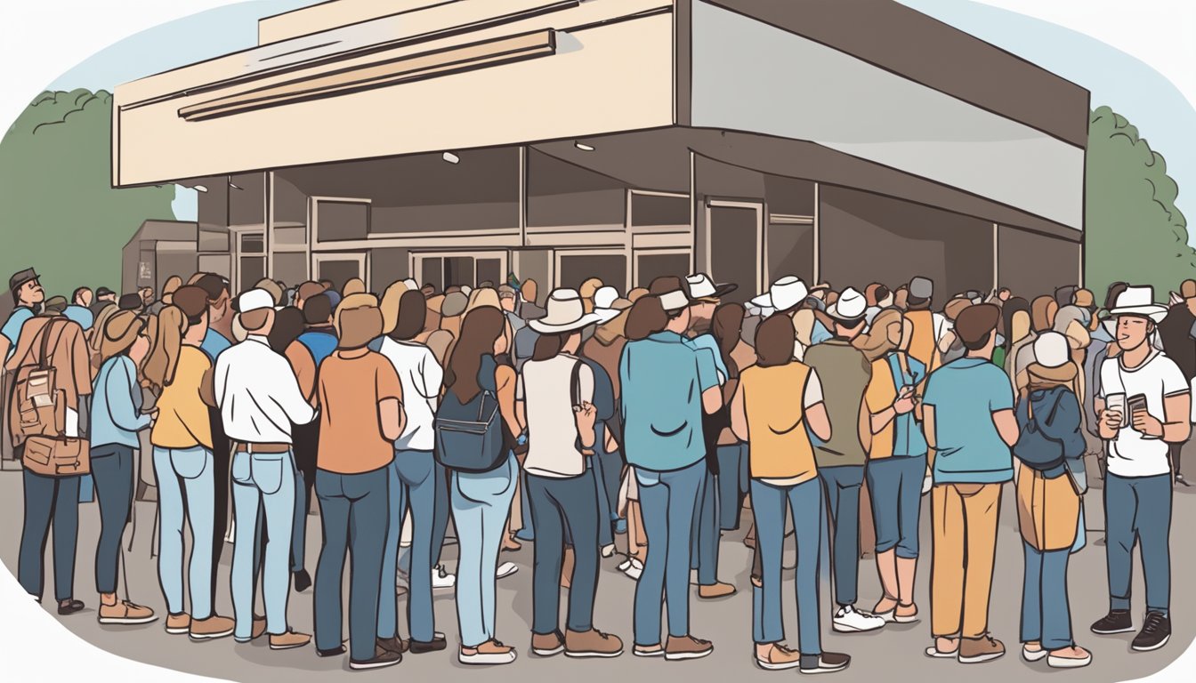 A long line of fans waiting outside a concert venue, holding tickets and excitedly discussing the upcoming George Strait tour