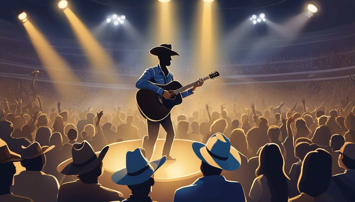 A spotlight shines on a stage with a cowboy hat and guitar, surrounded by a crowd of cheering fans