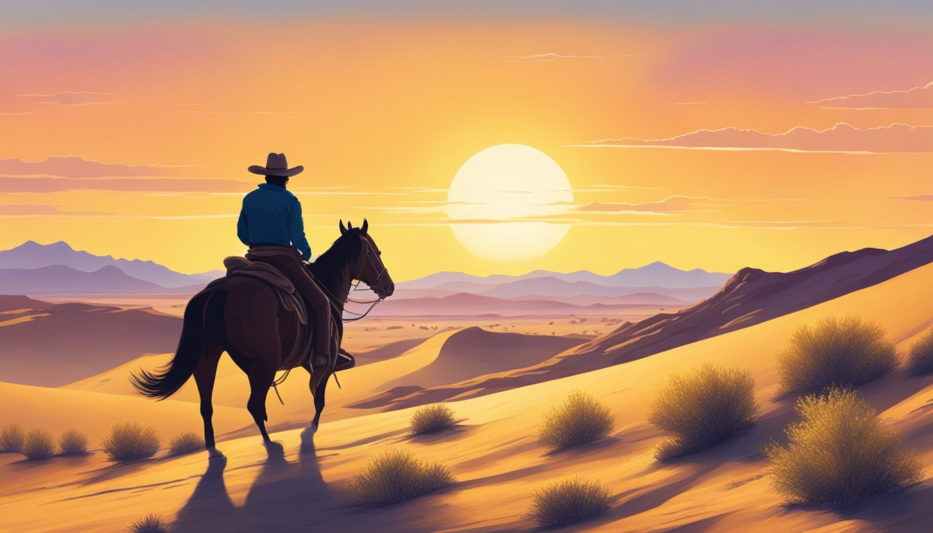 A desert landscape at dawn, with a lone cowboy riding on horseback and a vibrant yellow sky