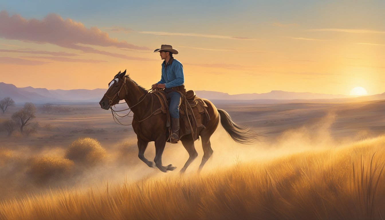 A lone cowboy rides through a golden prairie at dawn, leaving a trail of dust behind him