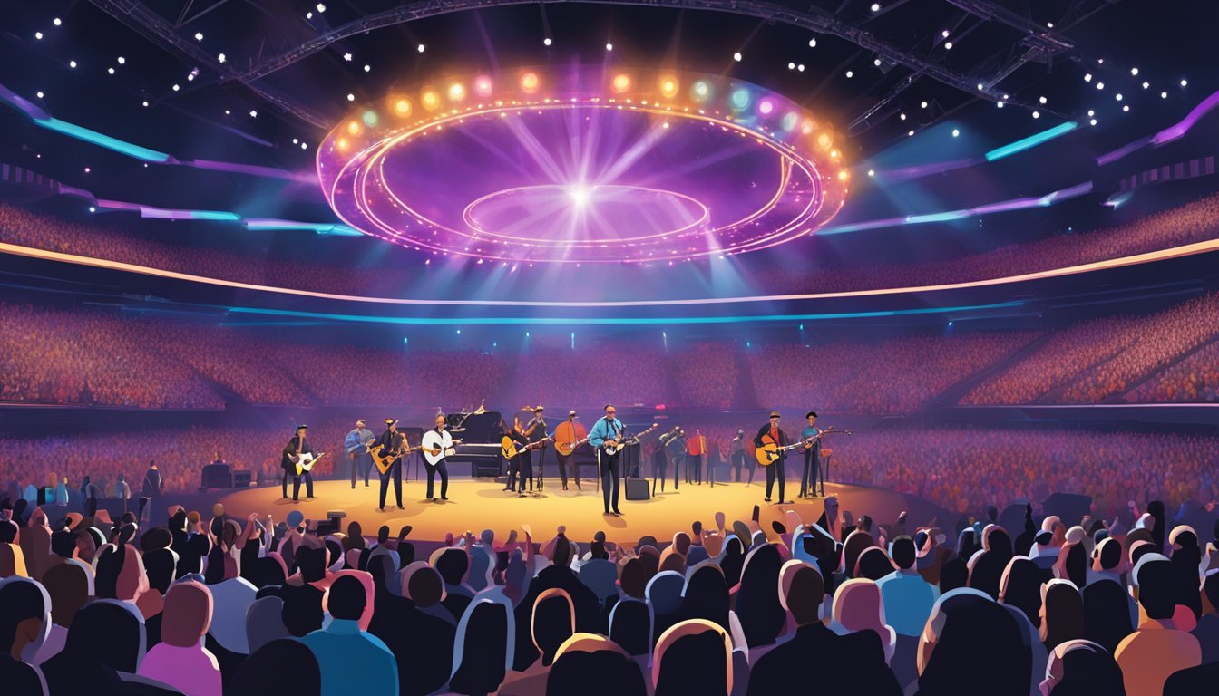 A stage with a large crowd, colorful lights, and a band performing at the 2025 George Strait concert tour