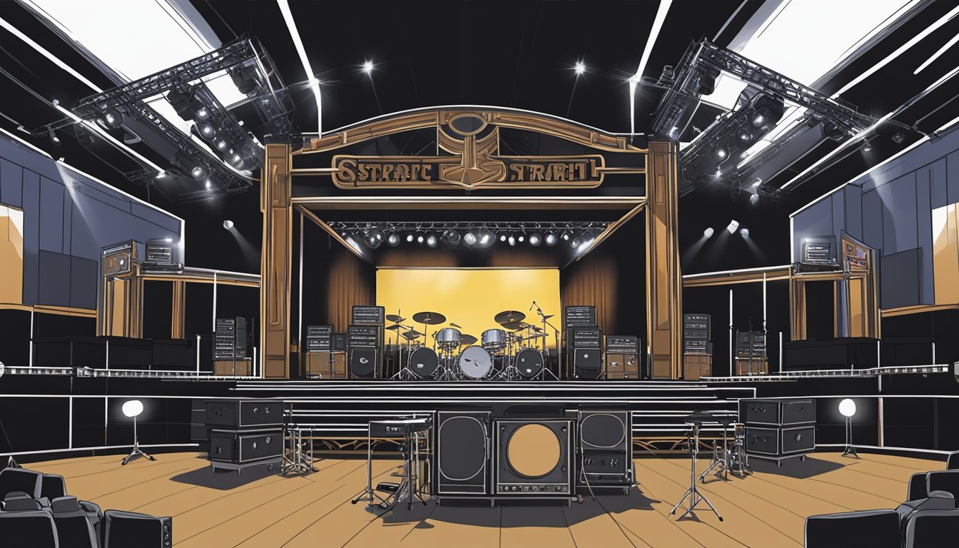 A stage set with instruments, amplifiers, and lighting for a George Strait concert tour production