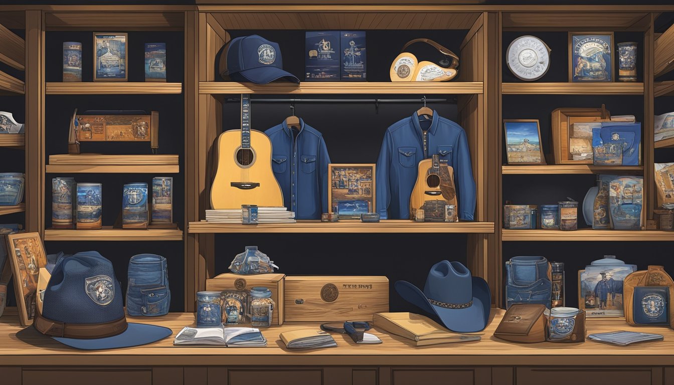 A collection of George Strait concert merchandise and memorabilia displayed on shelves and tables in a dimly lit room