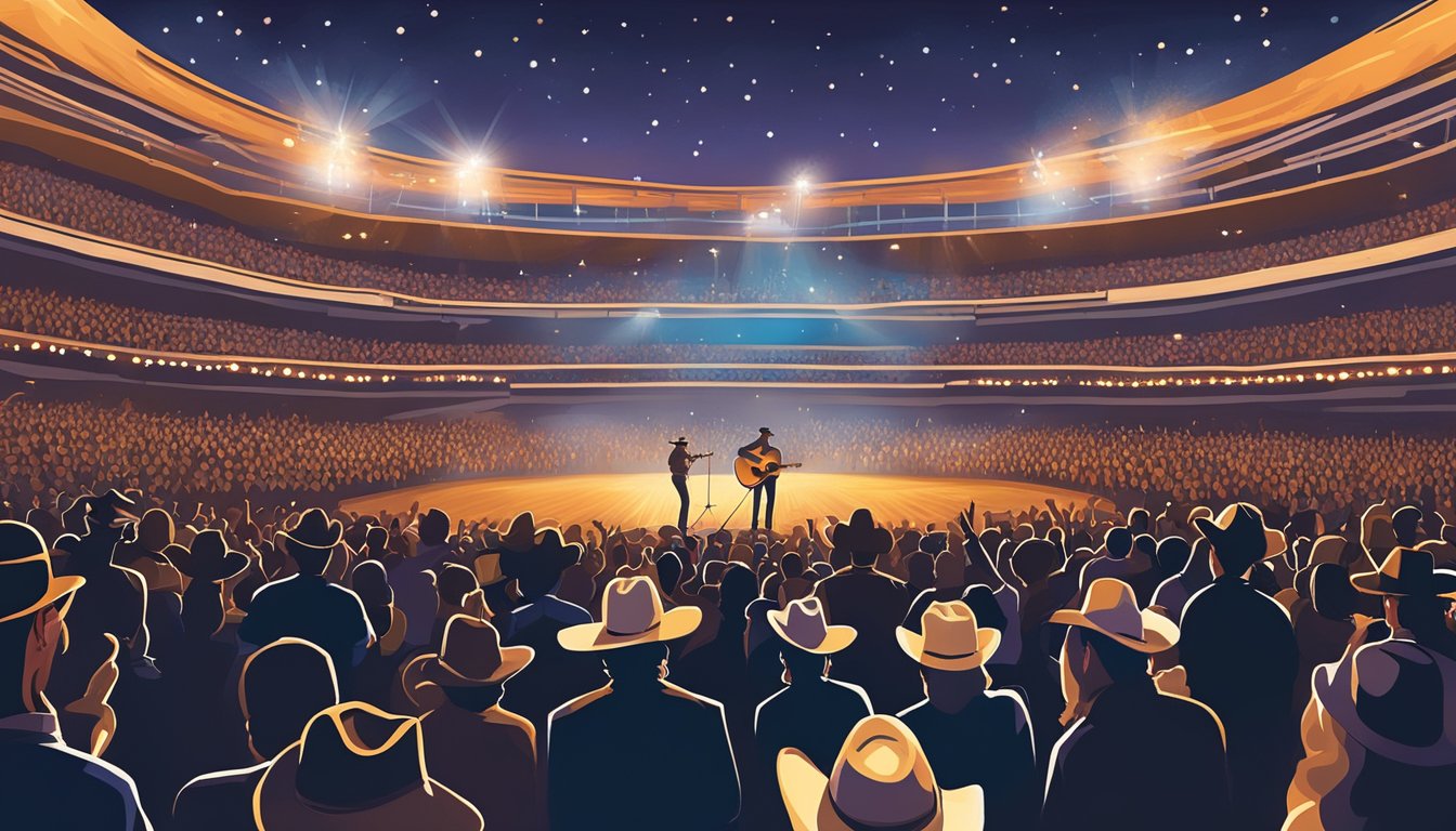 Crowd cheers, cowboy hats wave, stage lights shine, and a lone microphone stands center stage after the George Strait concert