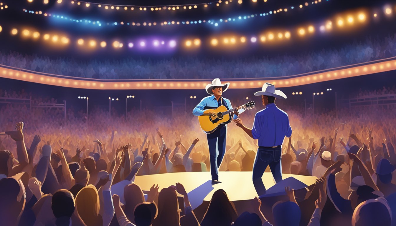 George Strait performing on stage with a band, surrounded by cheering fans and bright stage lights