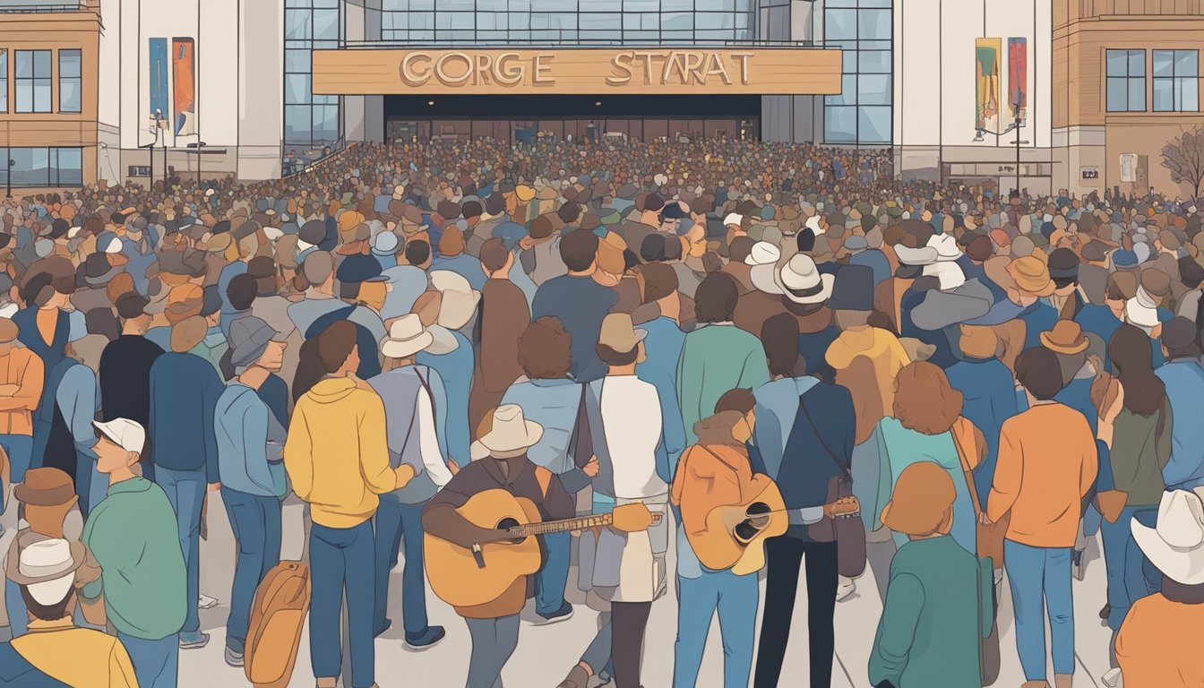 Crowds gather outside a grand concert hall, lined with posters of George Strait. A line of eager fans winds around the block, waiting for the doors to open